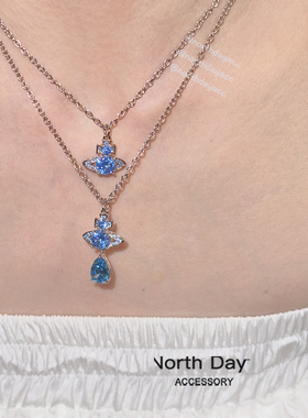 Adhoc Passion蔚蓝深海 蓝色系宝石土星人鱼泪水滴钛钢项链锁骨链