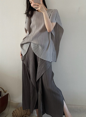 TVTV 一点点废土风～褶皱灰棕色海带袖上衣海带裤双层阔腿裤