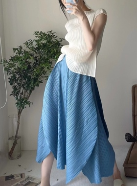 TVTV 海盐蓝郁金香～褶皱雾霾蓝廓形宽松花苞多层长半裙