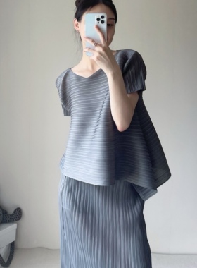 TVTV 积雨云灰套装～褶皱宽松廓形短袖上衣基础款直筒半裙