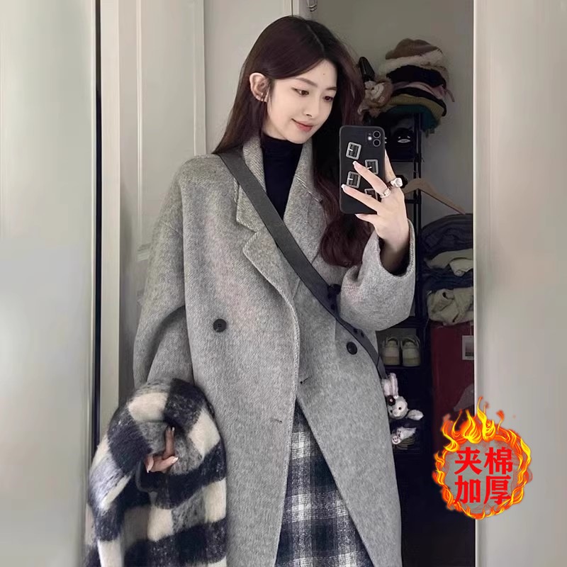 燕麦色双面羊绒羊毛大衣女中长款2025秋冬韩版新款赫本风毛呢外套