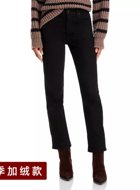 代购mother牛仔裤加绒黑色修身显瘦小直筒烟管裤窄版女九分裤冬季