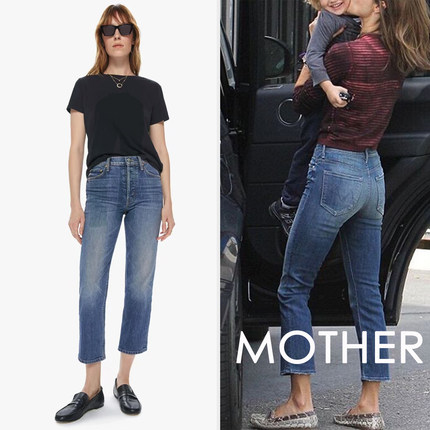 香港代购Mother denim直筒高腰显瘦拉长腿部九分牛仔蓝色宋茜同款