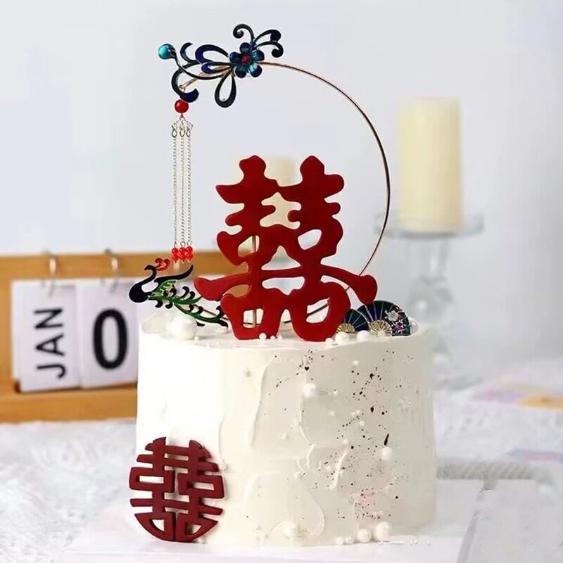 中式结婚凤凰流苏装饰蛋糕模型仿真2026新款喜字凤钗中国风假蛋糕