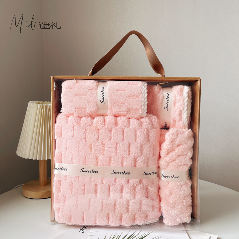 礼盒云朵格浴巾毛巾干发帽方巾四件套比纯棉吸水速干男女加厚韩版