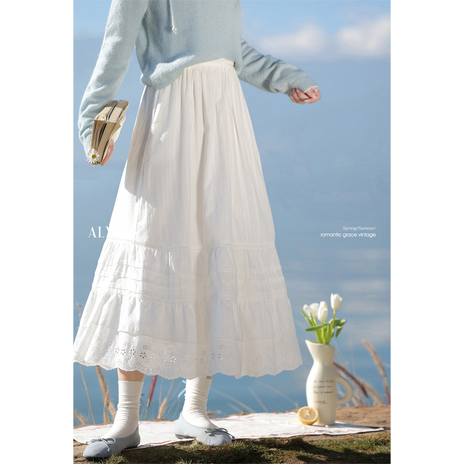 鹿向南「慵懒时光」白色长款蛋糕半身裙女早春小个子半身长裙a字