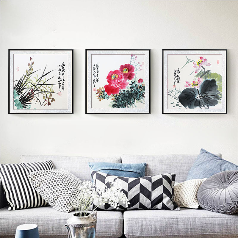 客厅三联画牡丹手绘国画兰花装饰画荷花字画餐厅小品实木框新中式