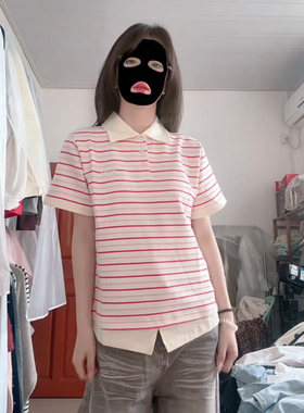 emflf韩系学院风粉色条纹假两件纽扣polo衫短袖t恤女夏设计感上衣