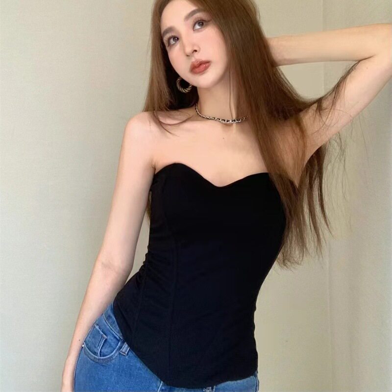 性感黑色鱼骨抹胸女背心性感高腰修身立体时尚自带胸垫防滑条胸衣