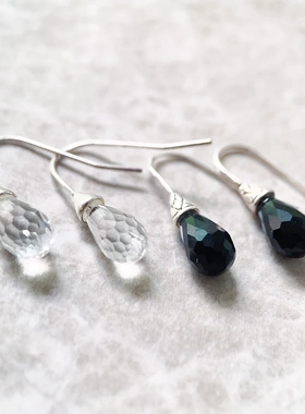 切面黑色水晶925纯银耳钩水滴耳环女神简约托马斯萨博时尚首饰品