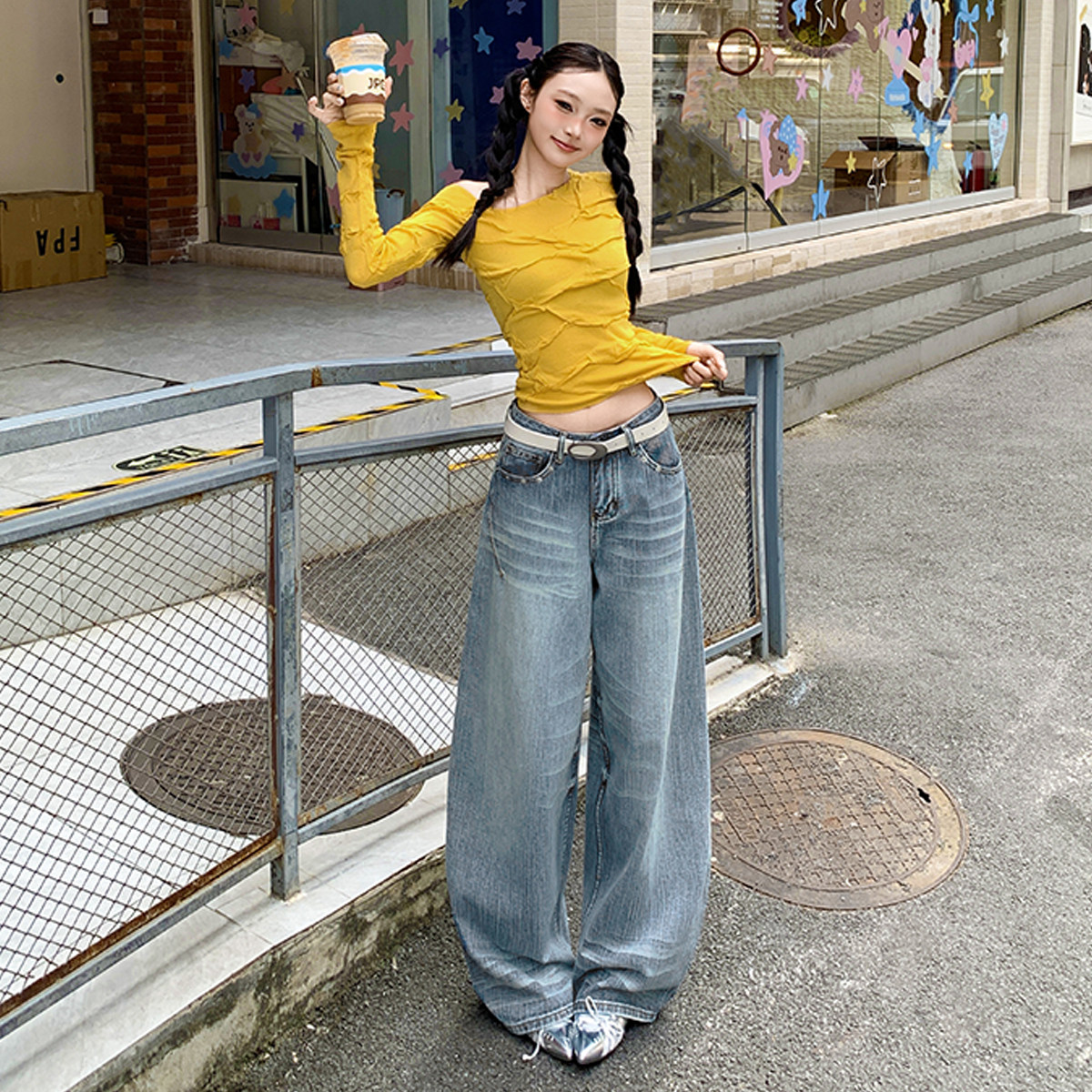 浅浅家风格店 美式复古猫须牛仔阔腿裤新款女百搭慵懒宽松牛仔裤