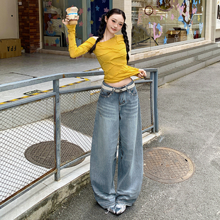 浅浅家风格店 美式复古猫须牛仔阔腿裤新款女百搭慵懒宽松牛仔裤