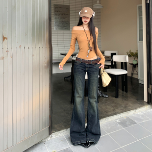 浅浅家风格店 美式复古铆钉低腰微喇牛仔裤女修身显瘦拖地裤辣妹