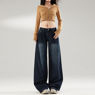 浅浅家风格店 深蓝灰色宽松直筒裤猫须纹窄版阔腿牛仔裤拖地裤