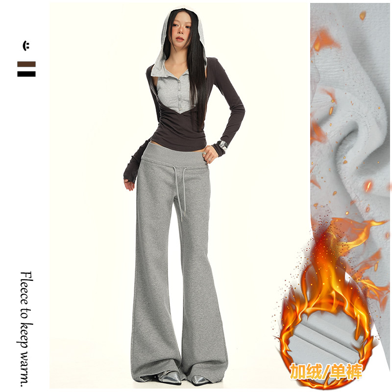 浅浅家风格店 松紧腰抽绳设计宽松加绒裤秋冬直筒阔腿拖休闲卫裤