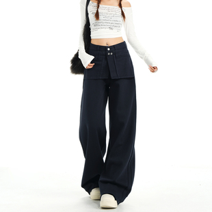 浅浅家 高腰阔腿牛仔裤女春秋新款宽松显瘦假两件设计直筒休闲裤