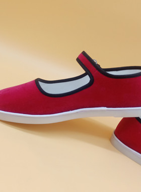 现做玫红色平绒一字扣带方口布鞋方口一带布鞋女式布鞋