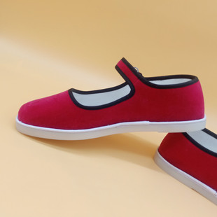 现做玫红色平绒一字扣带方口布鞋方口一带布鞋女式布鞋