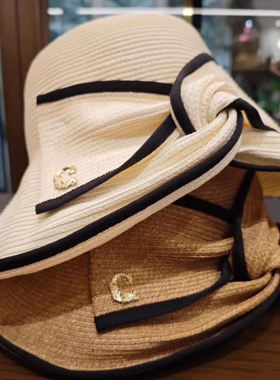 日本新品CA4防晒帽女大帽檐侧蝴蝶结遮阳草帽渔夫帽优雅可折叠
