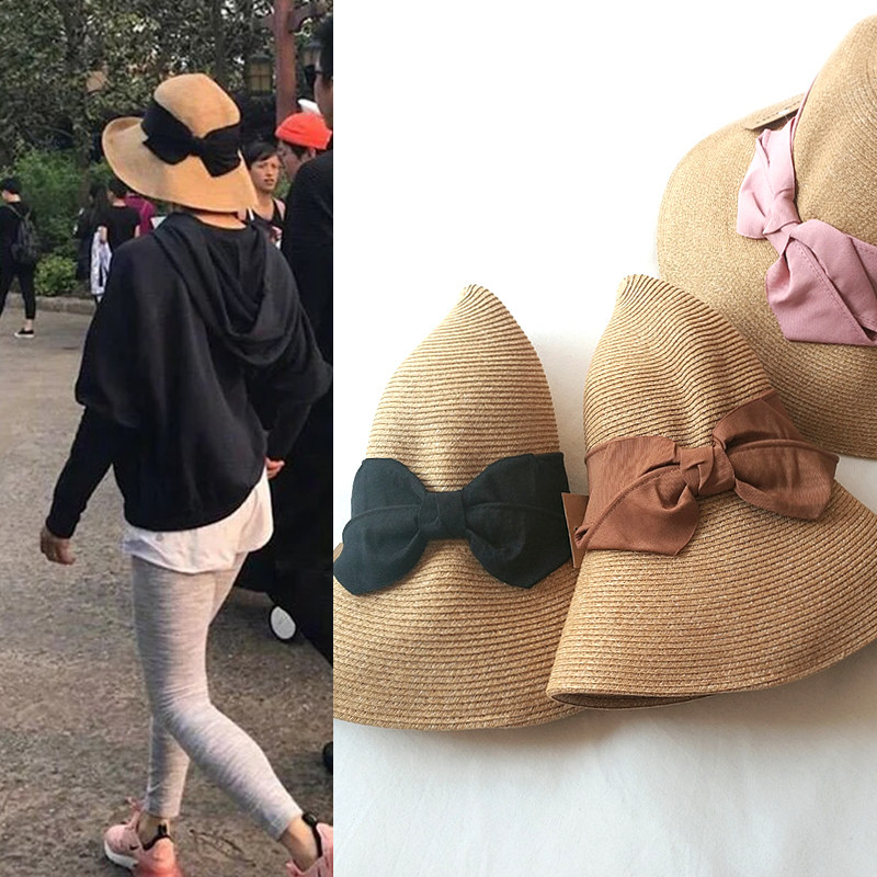 3日本UV防晒拉菲草帽娘娘同款春夏季可折叠蝴蝶结遮阳沙滩渔夫帽女