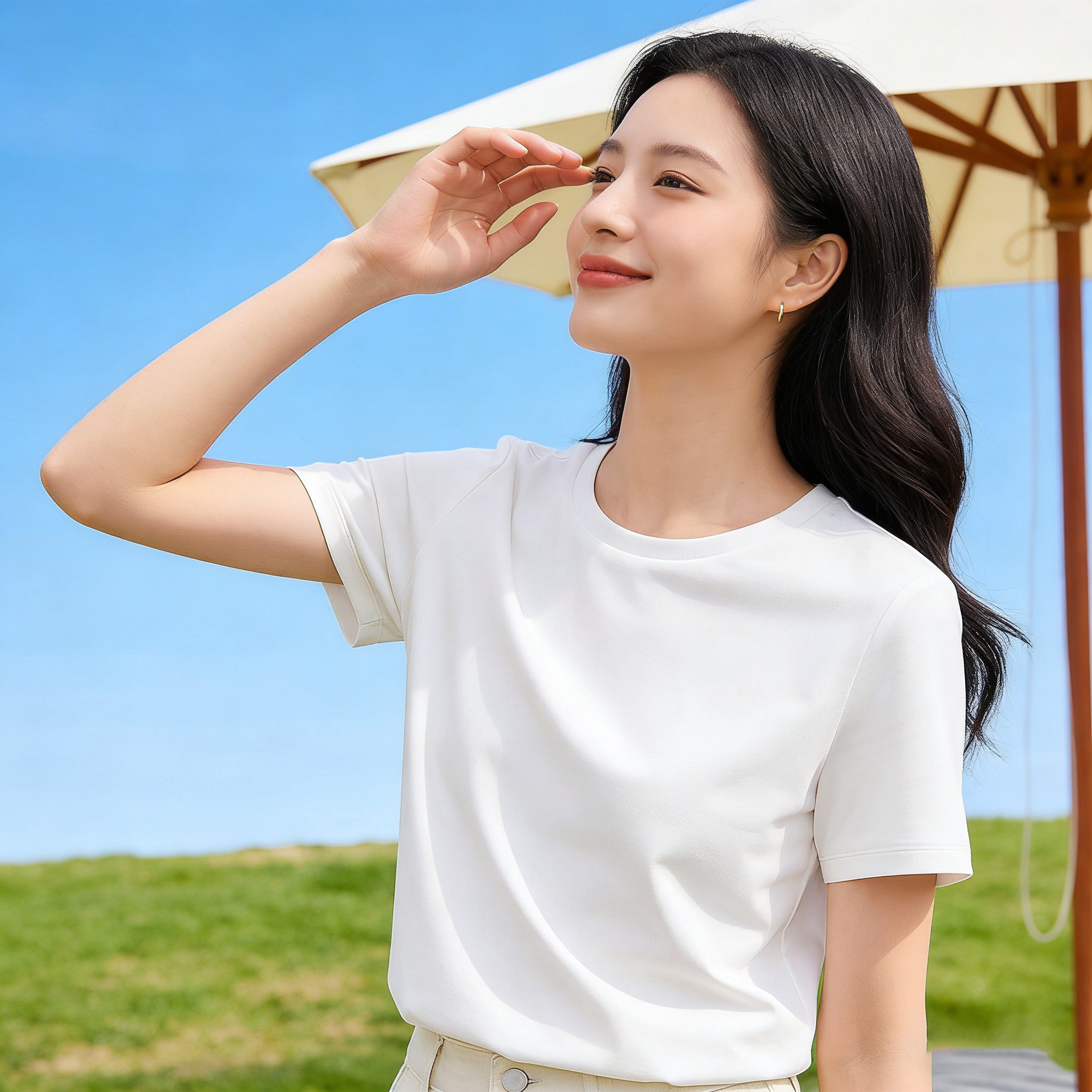 蕉下T恤女棉短袖上衣休闲春夏白色通勤修身透气衣服户外打底衫