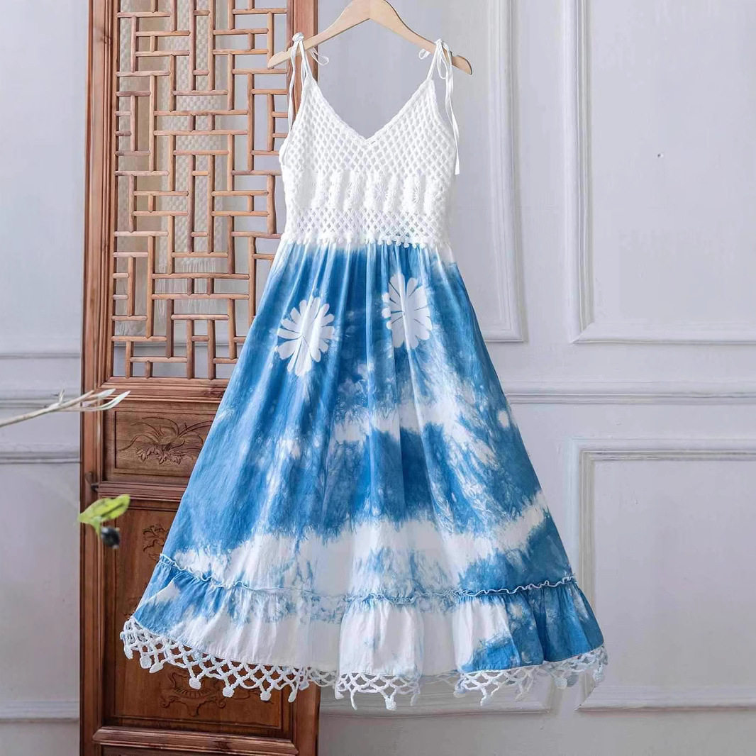 民族风文艺针织肩带系带草木染裙子棉线镂空蓝白流苏连衣裙