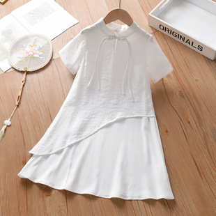特价新中式国风盘扣白色连衣裙女童新款母女亲子装假两件棉绸禅意