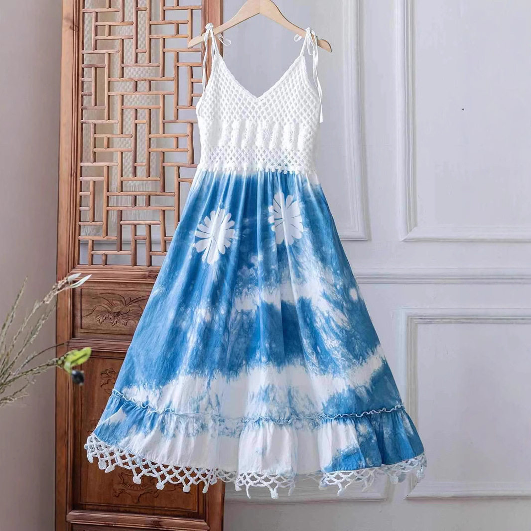 针织肩带系带草木染裙子棉线镂空蓝白流苏连衣裙吊带时尚气质