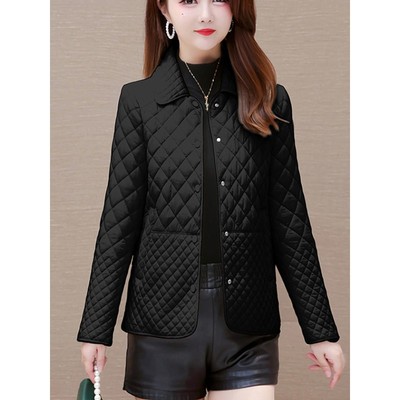 黑色轻薄短款夹棉服外套女士2025年冬季新款妈妈装小个子羽绒棉袄
