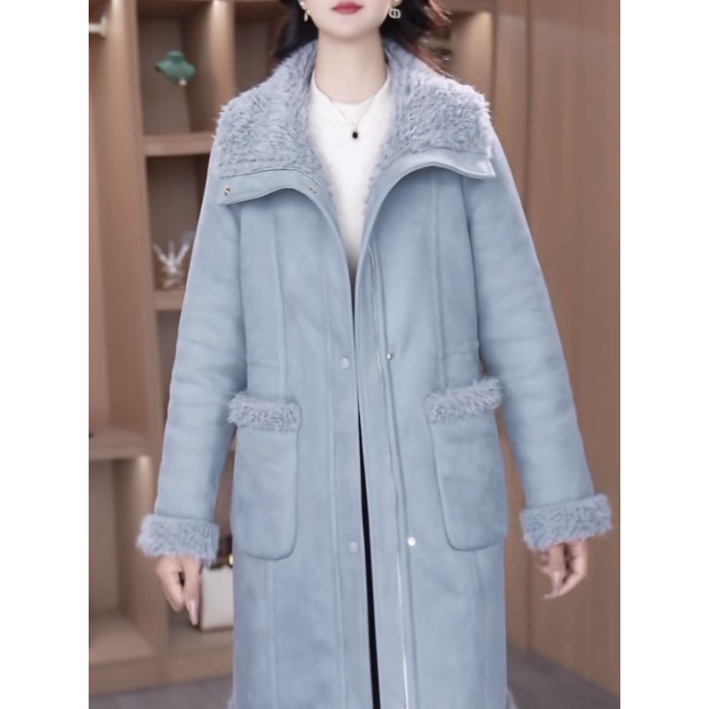 高级2025新品反皮绒加绒加厚时尚外套皮毛一体中长款冬季大衣女