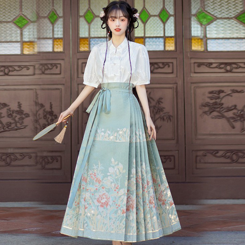 新中式中国风夏天马面裙套装初中生古筝演出服成人礼礼服女孩汉服