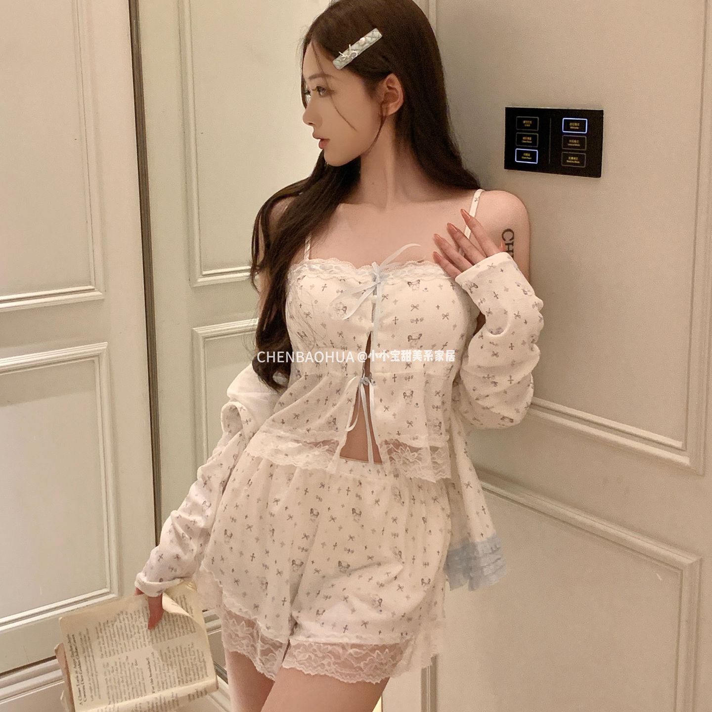 法式少女感绑带睡衣女四件套图片