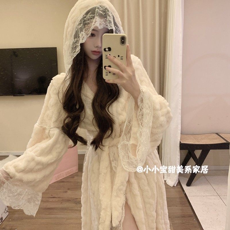秋冬季珊瑚绒睡袍女法式蕾丝纯欲风浴袍连帽保暖高级感睡衣中长款,女士内衣/男士内衣/家居服,睡袍/浴袍,淘宝优惠券,粉丝福利购,淘宝优惠卷