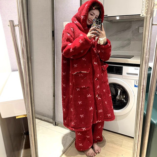 圣诞新年红色睡衣连帽中长款睡袍长裤珊瑚绒加厚蝴蝶结外穿家居服