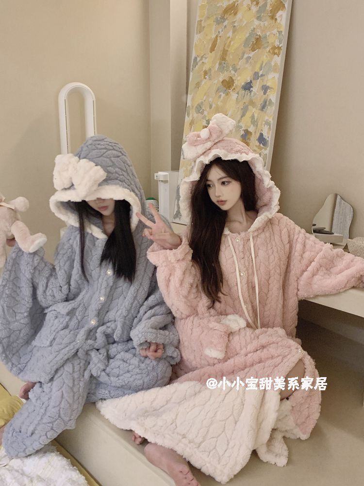 CUTE HOODED BOW PAJAMAS WOMENS AUTUMN WINTER THICKENED FLANNEL SWEET MIDI LENGTH DRESSING GOWN BATHROBE LOUNGEWEAR