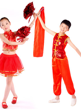 男款红色亮片中国舞演出服打鼓服
