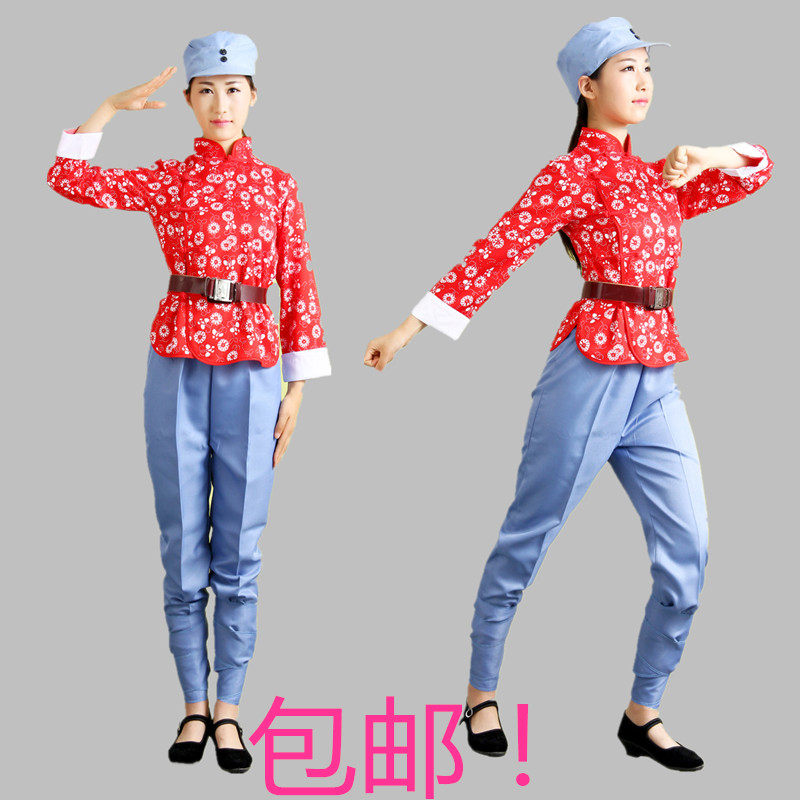 抗日战争陕北游击队土八路女兵团村姑表演出服红色印花上衣套装