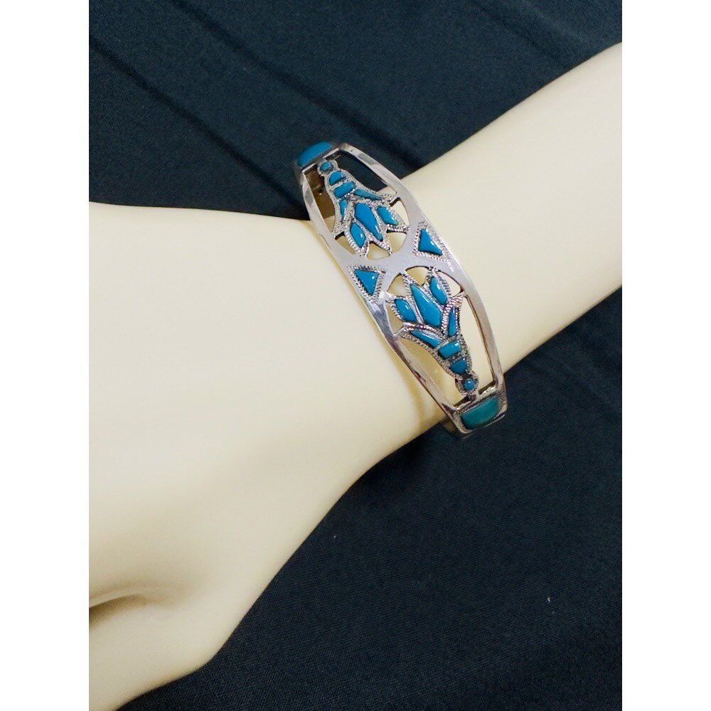 现货 孤品 古埃及蓝莲宫廷银手镯 镶嵌绿松石 埃及手工银饰