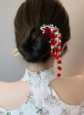 古风玫瑰花流苏U型发簪