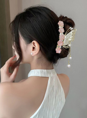 法式玫瑰流苏抓夹气质甜美鲨鱼夹