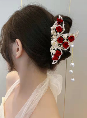 气质甜美花朵流苏头发抓夹高颜值后脑勺大号百搭鲨鱼夹子新年发饰