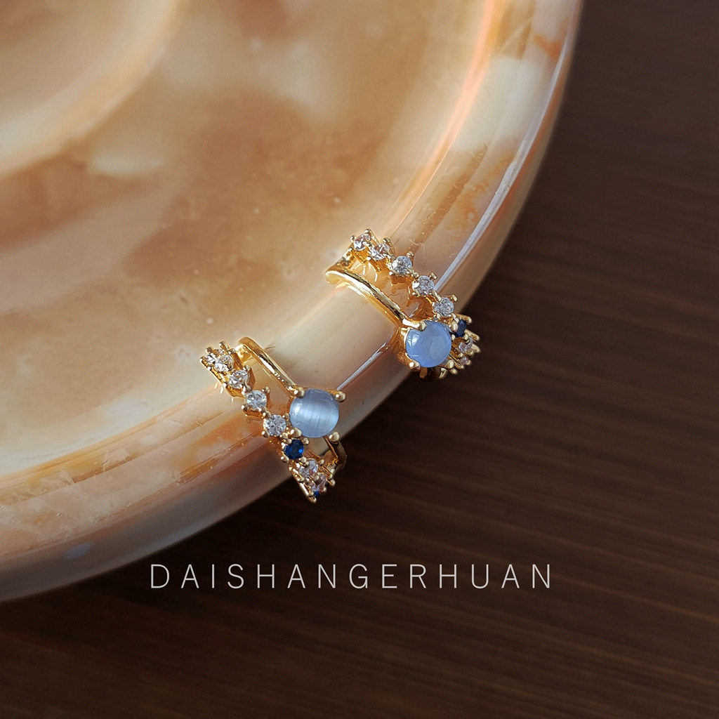 仲夏夜之星925银针镀14K法式轻奢高级感猫眼石质感锆石耳钉女耳饰