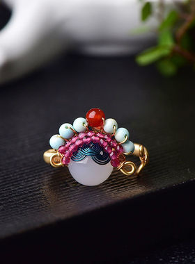 14k国粹刀马旦戒指金丝白玉京剧