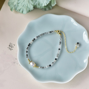 天然水晶 黑发晶单圈 大颗粒淡水珍珠手链 14k包金可调节手串