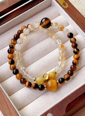 天然水晶手链diy手工圆黄塔晶珠 天然虎眼水晶手串爆款饰品