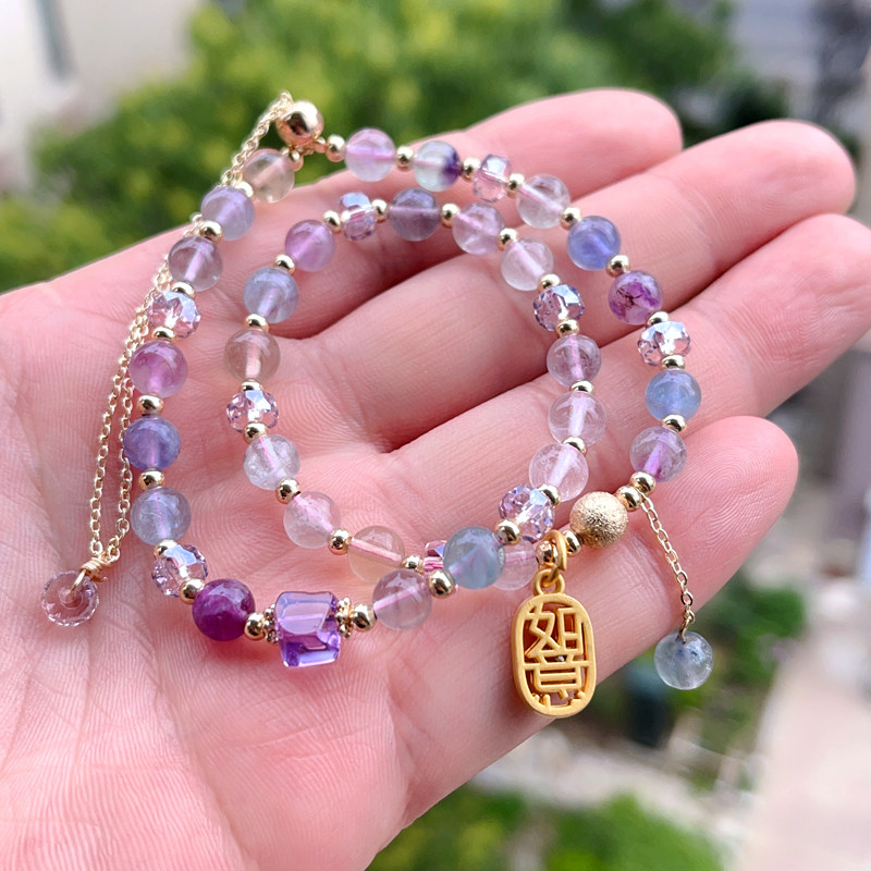 i学生版手工水晶彩色萤石雏菊新款手链粉色手饰暖宫石抽拉式手串