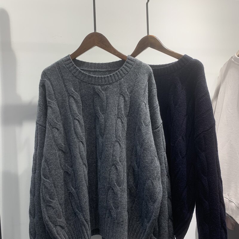 自留100%羊毛衫复古经典麻花圆领套头羊毛针织衫毛衣上衣女秋冬