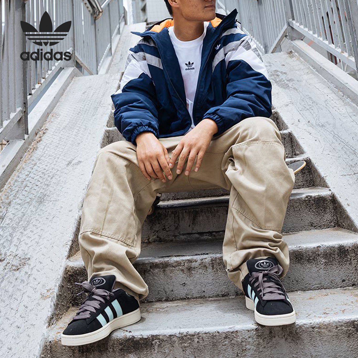 阿迪达斯男士连帽拼接休闲棉衣