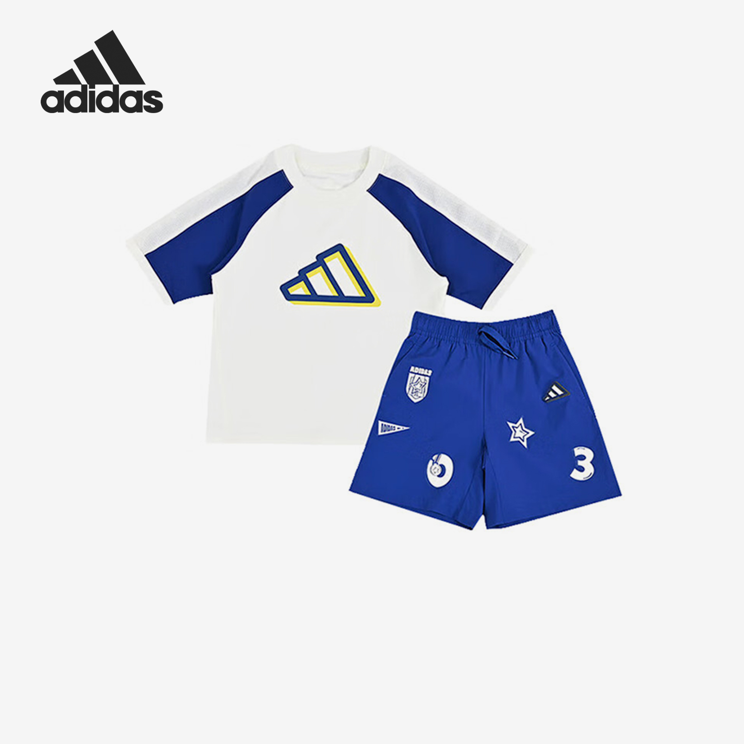 Adidas/阿迪达斯正品2025夏季款小童经典拼接图案休闲套装JM3430