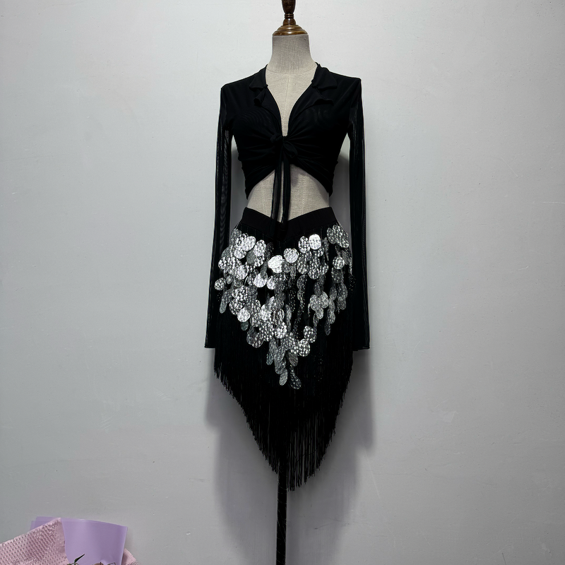 肚皮舞练功服喇叭袖上衣流苏裙